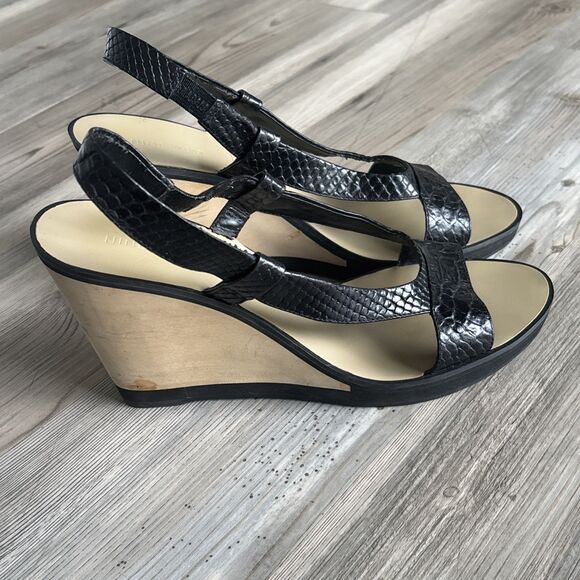 Nine West Black Leather Staple  Cork Bottom Wedges Size 10 - Picture 3 of 11